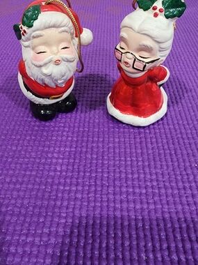 Vintage Holiday Santa & Mrs. Claus Ceramic Ornaments - Red and White